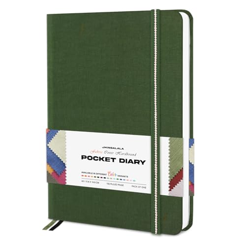 Image of Jhingalala Diaries - Fabric Cover Hardbound Pocket Journal Notebook I Fabric Series Journal Diary For Girls and Women I Pocket Diary With Elastic Closure I Size A6 I 192 Ruled Pages (Olive Green)