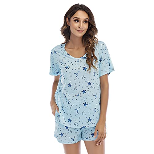 Image of MOYEE Womens Pajama Sets Soft Short Sleeve Shirt and Shorts 2 Pieces Lounge Outfit Sets with Pockets