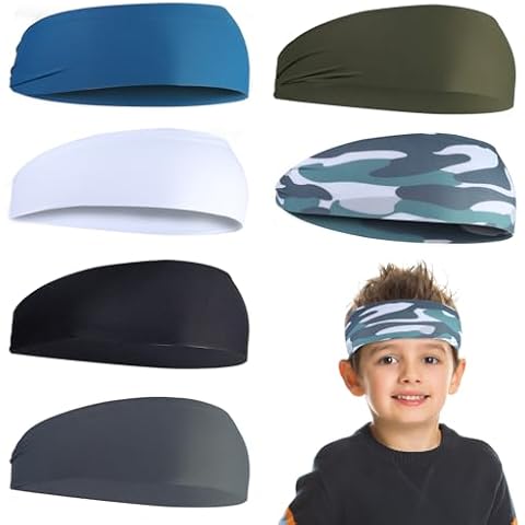 Boenoea 6 Pcs Sweatbands for Kids, Headbands Sports Boys, Moisture Wicking Headbands for Running, Cycling, Football, Black, White, Gray, Blue, Blackish Green, Camouflage Cover