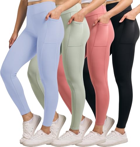 Real Essentials 4-Pack: Women's Full Length Fitted Athletic Yoga Performance Leggings with Pockets (Available in Plus Size)