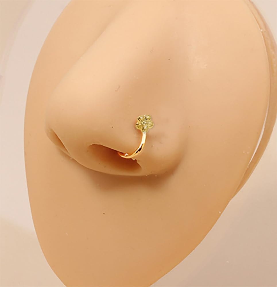 Pendiente de nariz de oro amarillo macizo con diseño floral en relieve, sin perforación, anillo de nariz de imitación