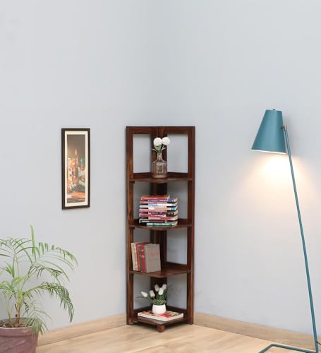 Image of Genuine Decor Sheesham Wood Corner Shelf Rack | 4-Tier Wooden Corner Stand for Living Room, Bedroom & Office | Multipurpose Corner Book Shelf Display Rack (Walnut Finish)