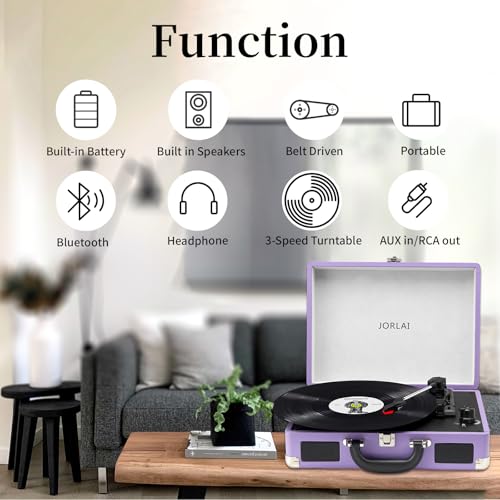 Image of Record Player 3 Speed Vinyl with Bluetooth Vintage Turntable Built in Battery Portable Suitcase Support Aux in RCA Line Out Headphone Jack Purple