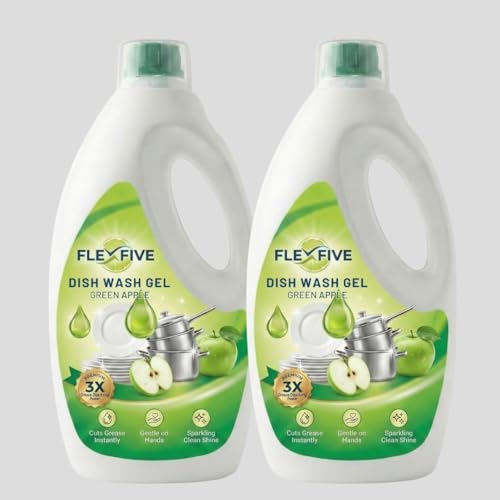 FLEXFIVE Dishwash Gel Green Apple & active salt, Refreshing, Antibacterial, Leaves no residue,Fast Cleaner for all types of Utensils, Dishwasher...