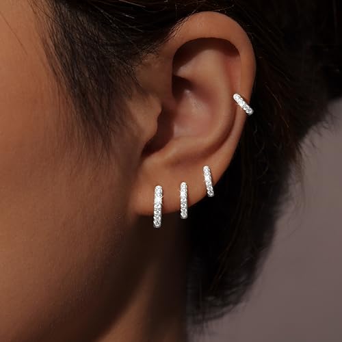 Image of Small Gold Huggie Hoop Earrings Set for Women Men Hypoallergenic 14K Plated Stack Cartilage Earrings, Sterling Silver Multiple Piercing Lightweight Mini Thin Cute Dainty Trendy Jewelry Gifts for Women