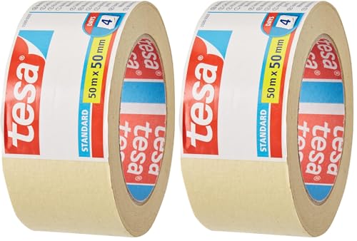 Tesa Nastro per Mascheratura Standard - Nastro in Carta per Mascheratura, Rimozione senza Residui per 4 Giorni, senza Solventi, 50 m x 50 mm (Confezione da 2)