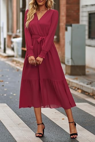 Image of PRETTYGARDEN Women's Floral Boho Dress Fall Long Sleeve Wrap V Neck Ruffle Flowy Maxi Spring Wedding Guest Vacation Dresses