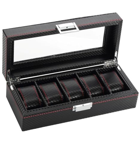 Kiwilon 5 Slots Watch Organizer Box With Transparent Glass Lid (Black - Carbon Fiber Look)