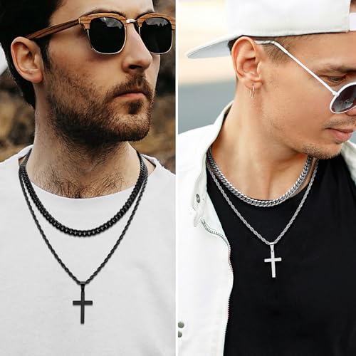 Romass 4Pcs Cross Necklace for Men,Stainless Steel Chains for Men Layered Necklaces Silver Gold Black Pendant Jewelry Box Gifts 18-24 Inches2