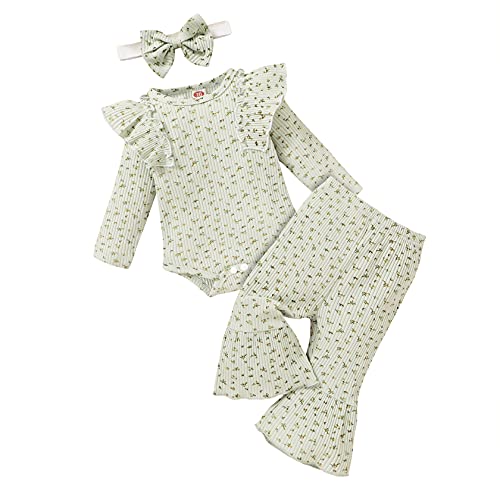 Newborn Infant Baby Girl Clothes Floral Romper Set Flying Sleeve Ribbed Top Flared Pants 3PC Fall Winter Outfits suit 3-18M (light green, 9-12 Months)