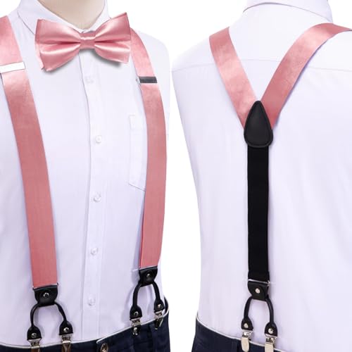 Image of Hi-Tie Men Suspender Bowtie Set Suspenders Pre-tied Bow Tie Pocket Square Cufflinks Adjustable Y Shape 6 Clips Braces Tuxedo