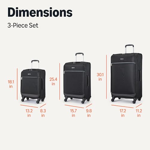Image of Amazon Basics 3-Piece Set (21 inch, 23 inch, 28 inch), Softside Suitcases With Wheels, With Four 360-Degree Multi-directional Spinner Wheels, Expandable Space, Zippered Pocket and Straps, Telescopic Handle, Black