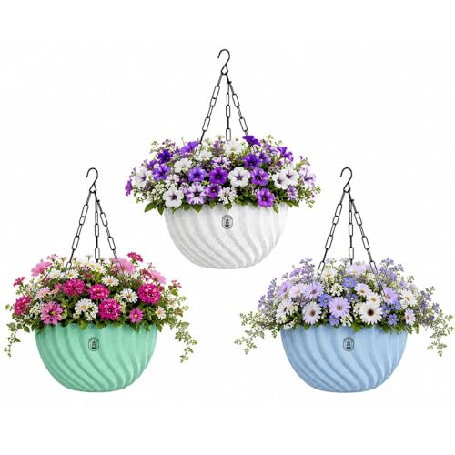 Image of Urban Upvan Hanging Planters with Chain | Uv-Protected Rattan Style Plastic Flower Pots for Balcony, Indoor Plants, Garden, Terrace & Home Decor Multicolour (Set of 3)