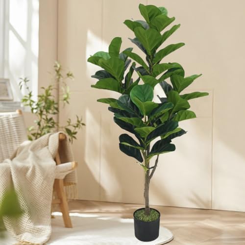 JNT Artificial Fiddle Leaf Fig Tree 4ft, Fake Ficus Lyrata Plant, Faux Fig Trees in Pot for Indoor Outdoor Office Living Room Home Decor Perfect Housewarming Gift