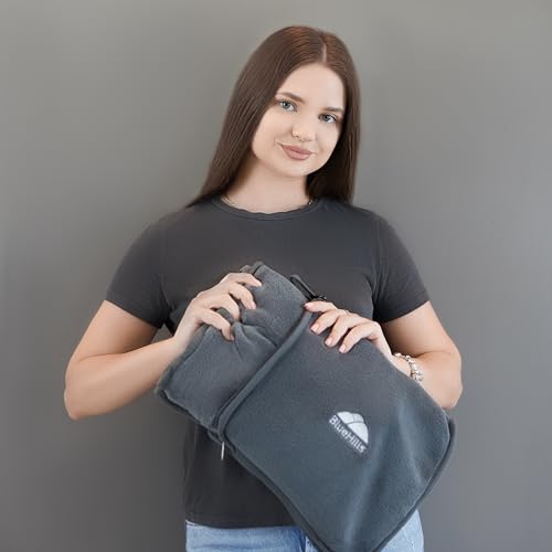 Image of BlueHills Premium Soft Travel Blanket Pillow Airplane Flight Blanket throw in Soft Bag Pillow case with Hand Luggage Belt and Backpack Clip Compact Pack Large Blanket for Travel Grey Color (Gray T007)