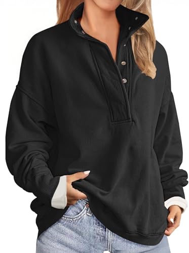 Soesdemo Oversized Sweatshirts for Women No Hood Mock Neck Fleece Lined Waffle Long Sleeve Button Pullover Tunic Sweatshirt