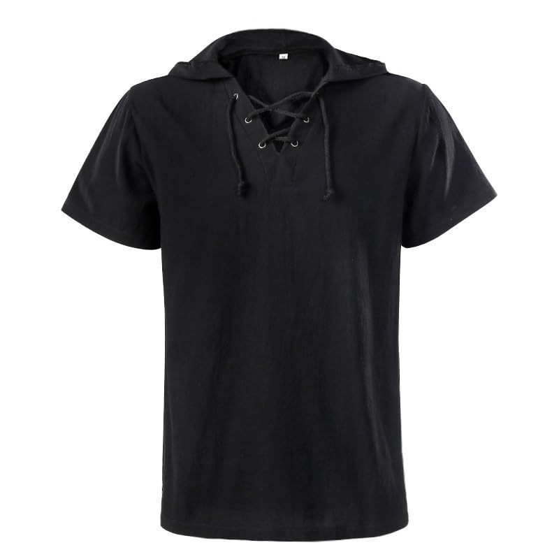 Men Renaissance Hooded Shirt, Lace‑Up Short Sleeve Medieval Top