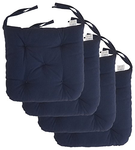Cottone 100% Cotton Chair Pads w/Ties (Set of 4)| 16” x 15” Square Round | Extra-Comfortable & Soft Seat Cushions | Ergonomic Pillows for Rocking, Dining, Patio, Camping, Kitchen Chairs & More, Blue