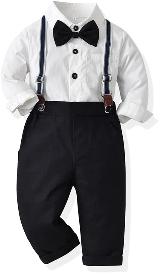 Toddler Kids Baby Boys 1st Christmas Outfit Gentleman Striped Shirt with Bowtie +Long Suspender Pants Overalls Clothes