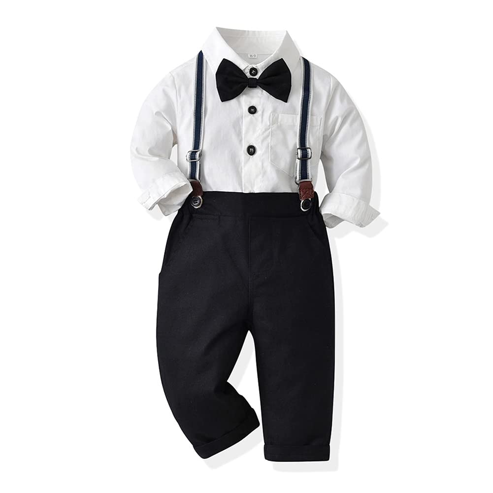 Toddler Kids Baby Boys 1st Christmas Outfit Gentleman Striped Shirt with Bowtie +Long Suspender Pants Overalls Clothes