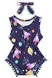 3-6 Months Baby Girls Rompers Summer Clothes Set Outer Space Spaceship Print Newborn with Headband 2Pcs Outfits Infant Bodysuit Half Birthday Gift