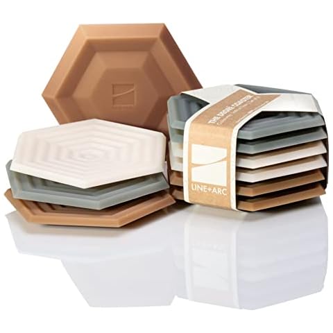 The Original Degrē Coaster (Set of 6, Joshua Tree) by LINE+ARC. 10mm Thick Dishwasher Safe Stain-Resistant Outdoor Coffee Table Silicone Modern Hexagon Mid Century Cup Drink Rubber Non-Absorbent Cover