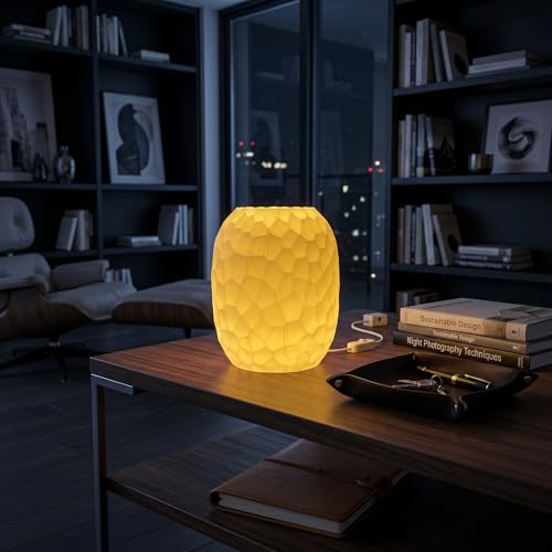 Image of Modern Table Lamp with Warm Yellow 10W LED - Ambient Night Light for Bedroom, Living Room, Desk & Home Decor | Eco-Friendly Warm Glow Lamp | USB Powered (Geometric Pattern)