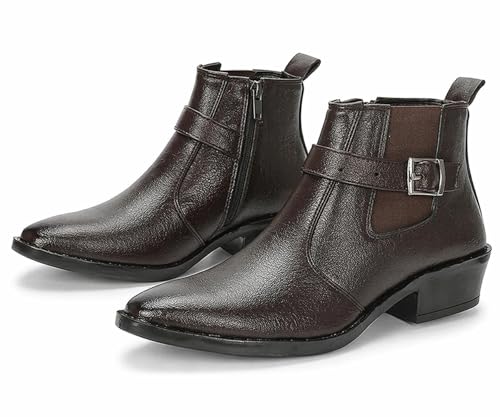 Image of Kraasa Men's Synthetic Leather Ankle Boots with Side Buckle Strap, Elastic Panel & Durable TPR Sole Casual & Formal Wear Boot