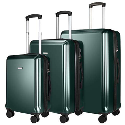 Juego de 3 Maletas Amasava de 55 cm, 66,5 cm y 76,5 cm Conjunto de Equipaje Mediano, Pequeño y Grande con 15% de Capacidad de Expansión PC + ABS Equipaje de Viaje con Cerradura TSA Verde Oscuro