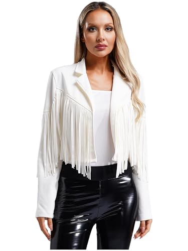 Hularka Women's Faux Leather Fringe Jacket Open Front Long Sleeve Cardigan 80s Hippie Outerwear