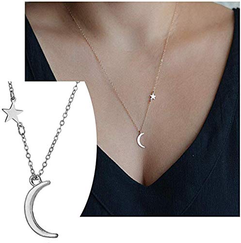 Qiaoying Fashion Jewelry Moon Pendant Necklace Star Necklace Chain Jewelry for Women and Girls (Silver)