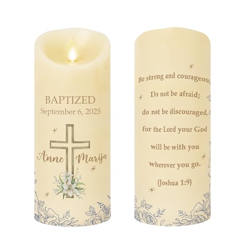 Baptism Candle - Personalized Baptism LED Candle, Custom Christening Gift with Name & Date, Religious Keepsake Light with Cross & Scripture, Baby Dedication Candle for Boys & Girls