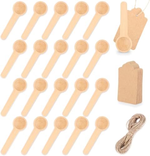 joonnair 24 Runder Holzlöffel Klein mit Etikett und Schnur gewürzlöffel Kleine Holzlöffel mini Holzlöffel Salzlöffel Kleiner Löffel Löffel...