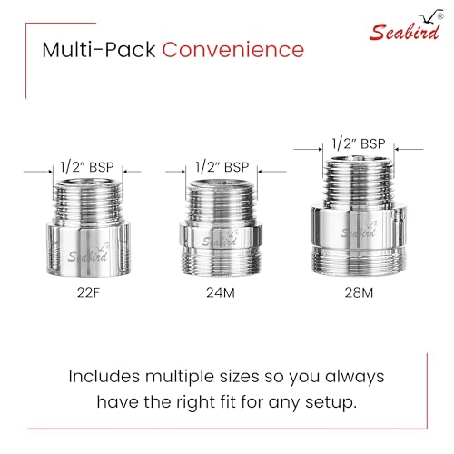 Image of SEABIRD Extension Fitting Connectors for Shower Filter | Chrome Finish Adapters - 22F, 24M & 28M Universal Thread Sizes | Easy Installation for Bathroom & Kitchen Taps