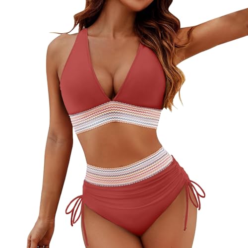 Traje de baño mujer 2 piezas push up triángulo bikini set Swimwear Halter acolchado playa Conjuntos cordón cintura alta trajes de baño traje de baño sexy cuello en V, rojo, S