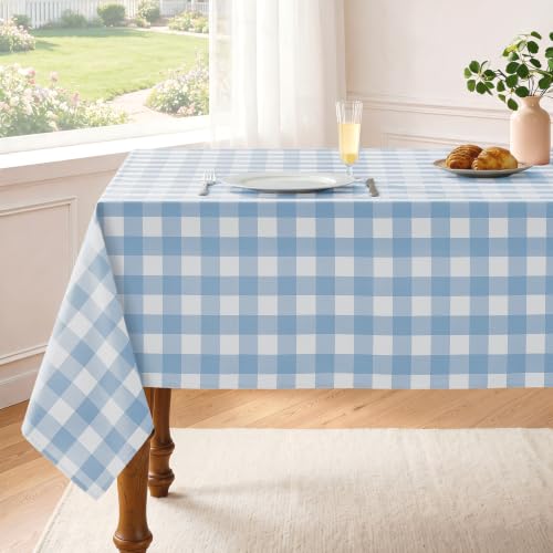 Veblandy Checkered Tablecloth Rectangle Waterproof Gingham Table Cloth Washable Buffalo Plaid Table Cover Wrinkle Free for Kitchen, Dining and Outdoor Picnic, 60 x 84 Inch, Light Blue and White