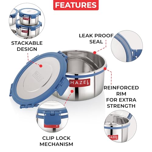 Image of HAZEL Multi-Purpose Stainless Steel Containers With Lid 1100 ML, Leak Proof, Kitchen Storage,Silver