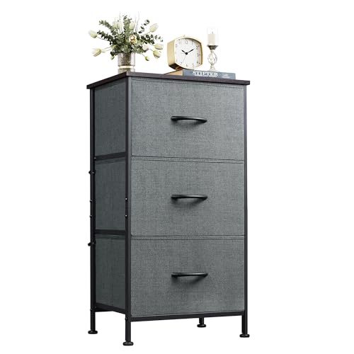 WLIVE Dresser with 3 Drawers, Fabric Nightstand, Organizer Unit, Storage Dresser for Bedroom, Hallway, Entryway, Closets, Sturdy Steel Frame, Wood Top, Easy Pull Handle, Dark Grey
