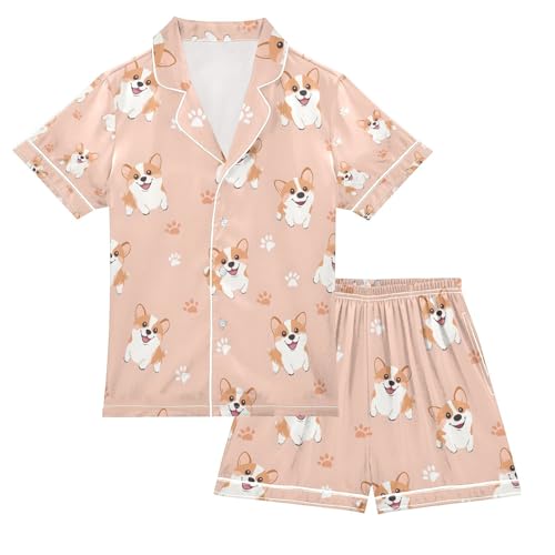 senya Corgi Dog Paw Prints 1 Satin Summer Pajama Sets Silk Short Sleeve Button Down Sleepwear