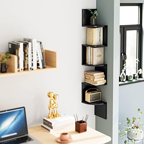 Wall Corner Shelf 5-tier Floating Shelves Zigzag Wall Shelf Wooden Display Organizer for Bedroom Living Room 20x20x123cm Black