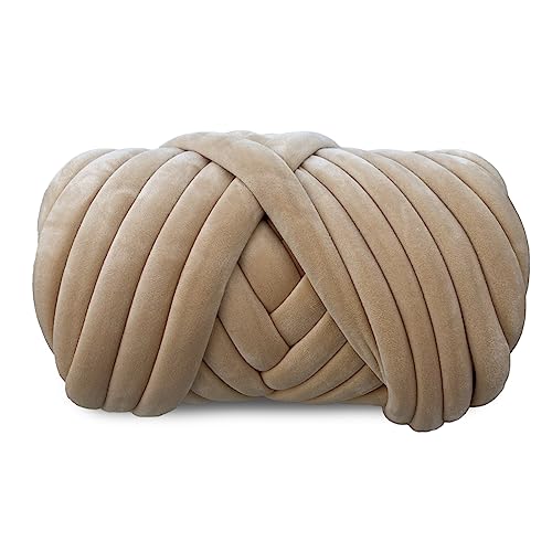 Velvet Chunky Bulky Giant Arm Knitting Yarn, Super Soft Jumbo Tube Weight, Fluffy DIY Crochet Hand Making Washable Yarn for Blanket, Pet Bed, Rugs, Pillow (1lb-Khaki)