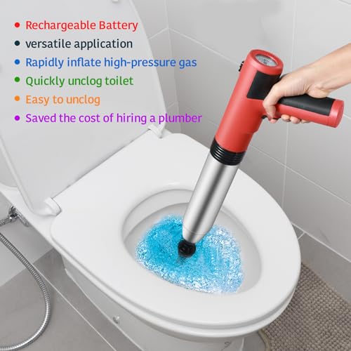 Image of Electric Toilet Plunger ，Drain Clog Remover Tools,High Pressure Air Toilet Plungers Heavy Duty Plunger For Toilet,Bathroom,Floor Drain,Sewer,Pipe，built-in battery, RED