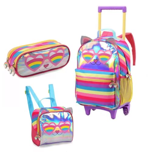 Kit Mochila Infantil Escolar Menina Gatinha Óculos 3 Peças com Rodinhas Denlex…