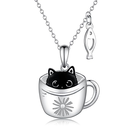 SVODEA Black Cat Necklace for Women 925 Sterling Silver Cup Cat Pendant Fish Necklaces Cute Animal Jewelry Gift for Women