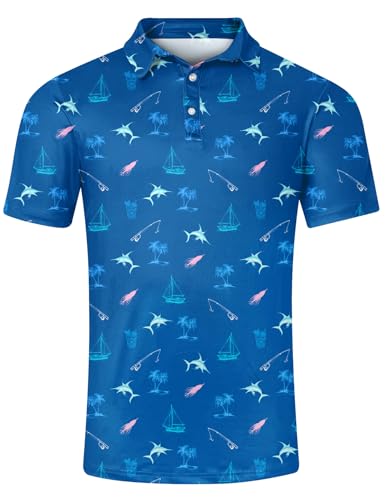 Fanient Men's Polo Shirt Dry Fit Sailboat Palm Tree Golf Polos Slim Fit Marlin Squid Moisture Wicking Performance Short Sleeve Tops for XL