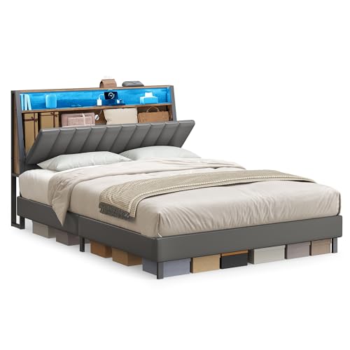 VASAGLE LED Bed Frame Queen Size, Storage Headboard and Charging Station, Queen Bed Frame with 2 AC Outlets, 1 USB Port, 1 Type-C Port, No Box Spring Needed, Dove Gray and Camel Brown URMB84