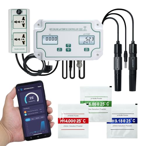 Smart EC pH Temperature Monitor for Hydroponics, 3-in-1 WiFi Water Quality Tester pH EC Controller...