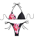 Falainetee Women's Floral Print Bathing Suit High Waisted Halter Summer Swimsuit Bikini Set Black M