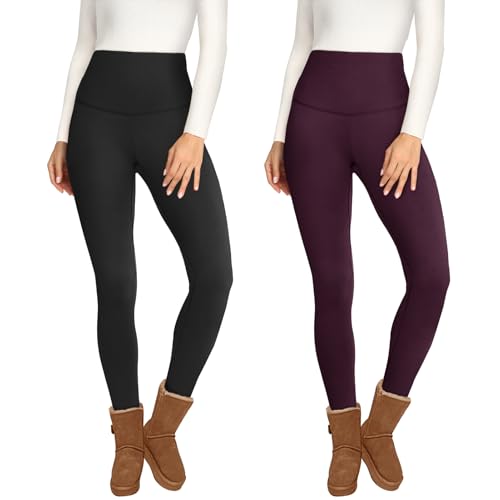2 Pack Fleece Lined Leggings for Women - Thermal Winter Warm Tights Tummy Control High Waisted Workout Yoga Pants No Pockets Large-X-Large Fleece Lined Black/Plum Purple,2packs