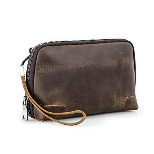 Hiram Mens Leather Clutch Bag, Genuine Leather Toiletry Bag for Men, Mens Vintage Cowhide Leather Handbag for Business, Travelling and Gym Fitness